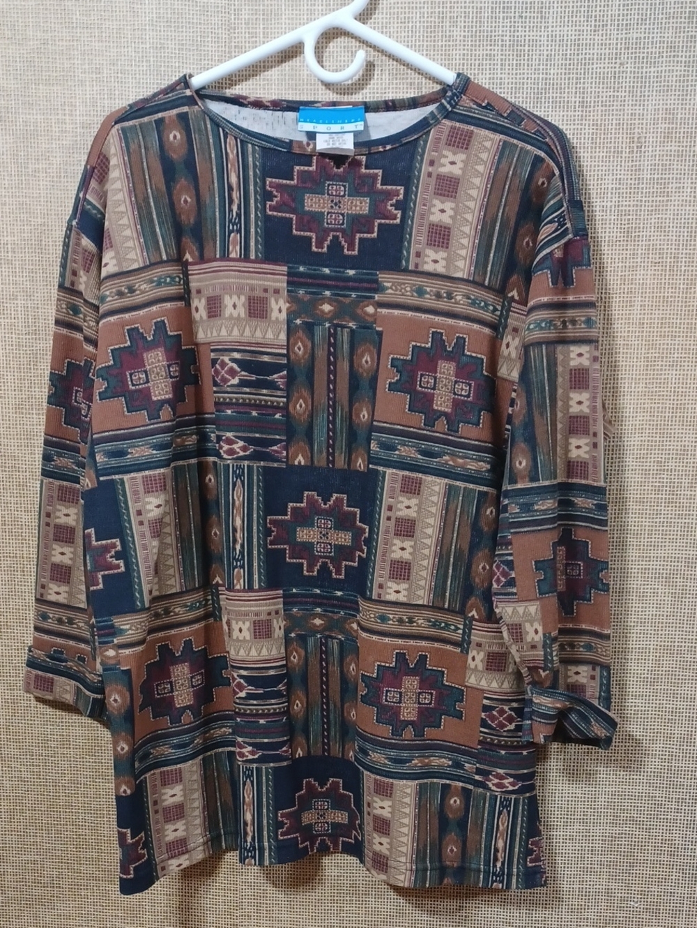 Southwestern-Pattern Crewneck Sweater in Brown & Burgandy - Vintage Style